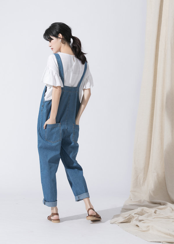 多口袋设计水洗丹宁吊带裤 【mo-bo comfy and stylish 最舒适的女装