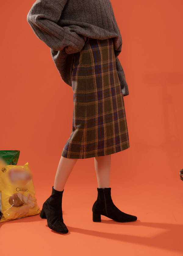 复古配色格纹毛呢感直筒裙