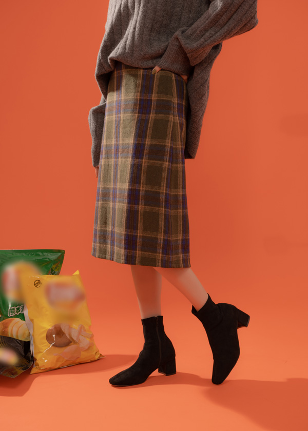复古配色格纹毛呢感直筒裙