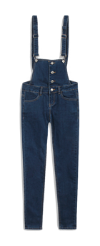 這是MOBO米果服飾，夏日大好評！單寧特輯頁面的排釦貼腿單寧吊帶褲MODEL照